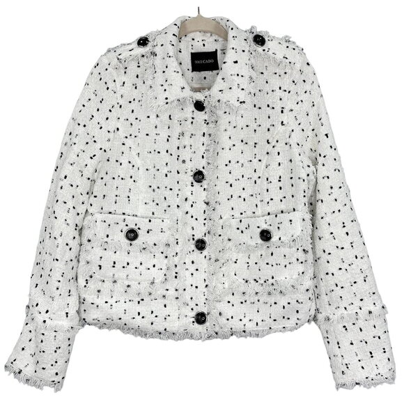 Dolce Cabo Double-Breasted Tweed Fringe Blazer White Black Size Large - Picture 2 of 8